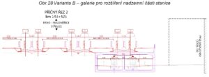Řez navrženým nádražím Pod Petrovem. Na pravé straně je Tesco (dříve Prior) a v podzemí je navržená zastávka šaliny. Zdroj: [1], str. 35