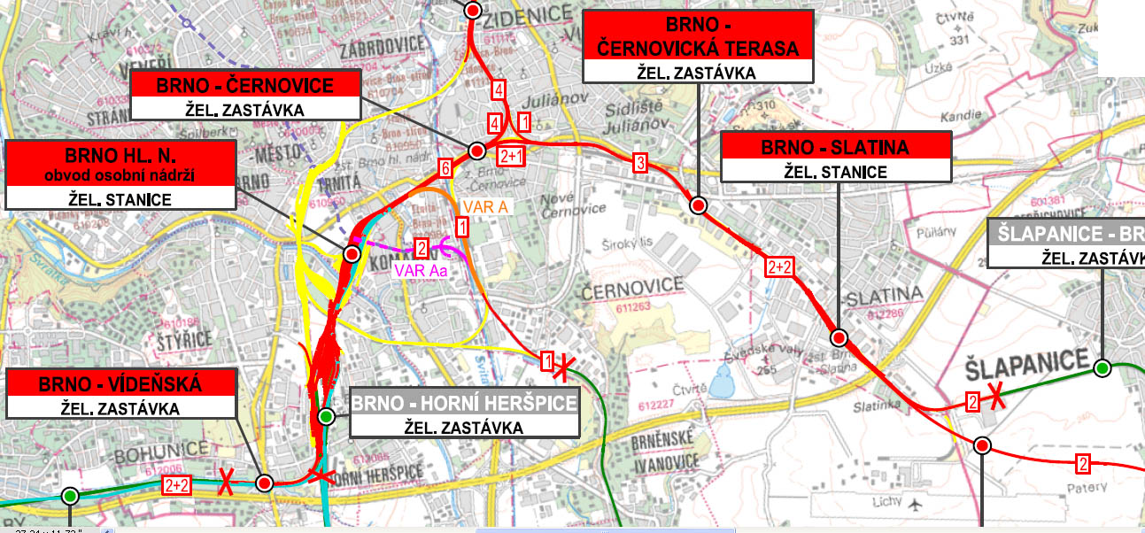 Zapojení tratí do nového brněnského nádraží ve variantě Řeka. Pod-varianta A (oranžově) + Aa (fialově). Zdroj: B_01_02_01_02_ZM50_VAR A,Aa