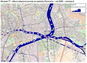 Hlavní přepravní proudy z nádraží Brno Černovice ve variantě Řeka