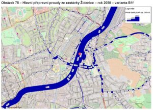 Hlavní přepravní proudy z nádraží Brno Židenice ve variantě Petrov B1f, obr. 75