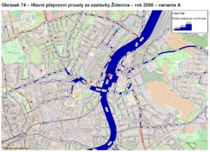 Hlavní přepravní proudy z nádraží Brno Židenice ve variantě Řeka, obr. 74