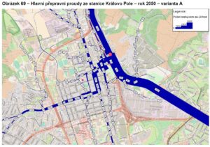 Hlavní přepravní proudy z nádraží Královo Pole ve variantě Řeka, obr. 69