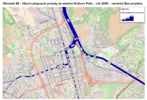 Hlavní přepravní proudy z nádraží Královo Pole ve variantě nulové, obr. 68