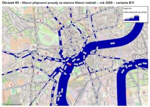 Hlavní přepravní proudy ze stanice Brno hl.nádraží ve variantě Petrov, obr. 65