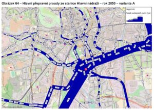 Hlavní přepravní proudy ze stanice Brno hl.nádraží ve variantě Řeka