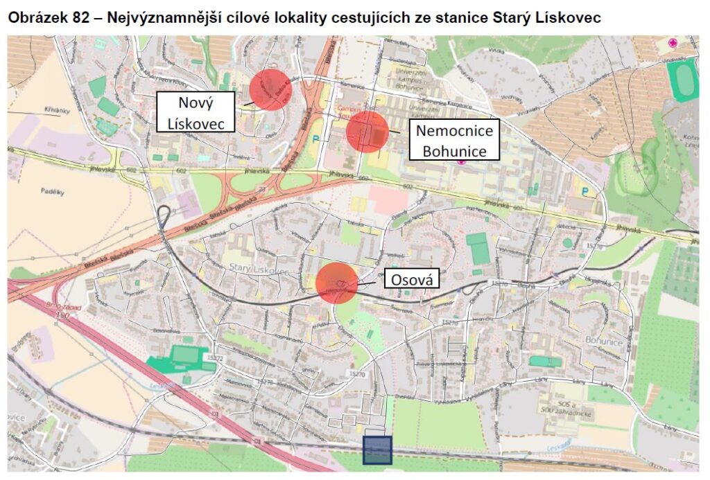 Nejvýznamnější cílové lokality pro cestující z nádraží Brno Starý Lískovec - obr 82
