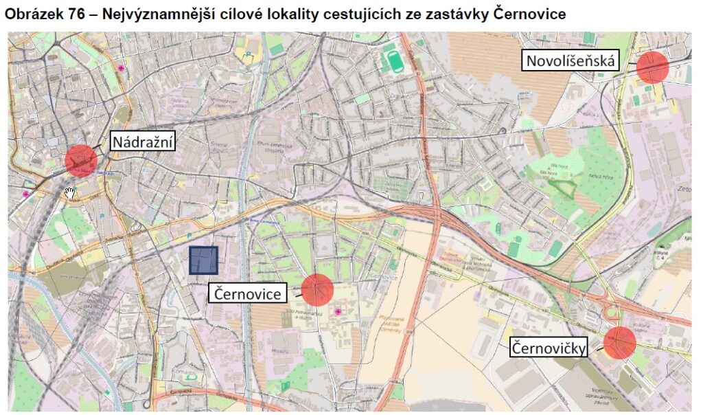Nejvýznamnější cílové lokality pro cestující ze zastávky Černovická terasa - obr 78