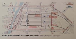 Schéma napojení chodníků a cyklostezek k novému nádraží