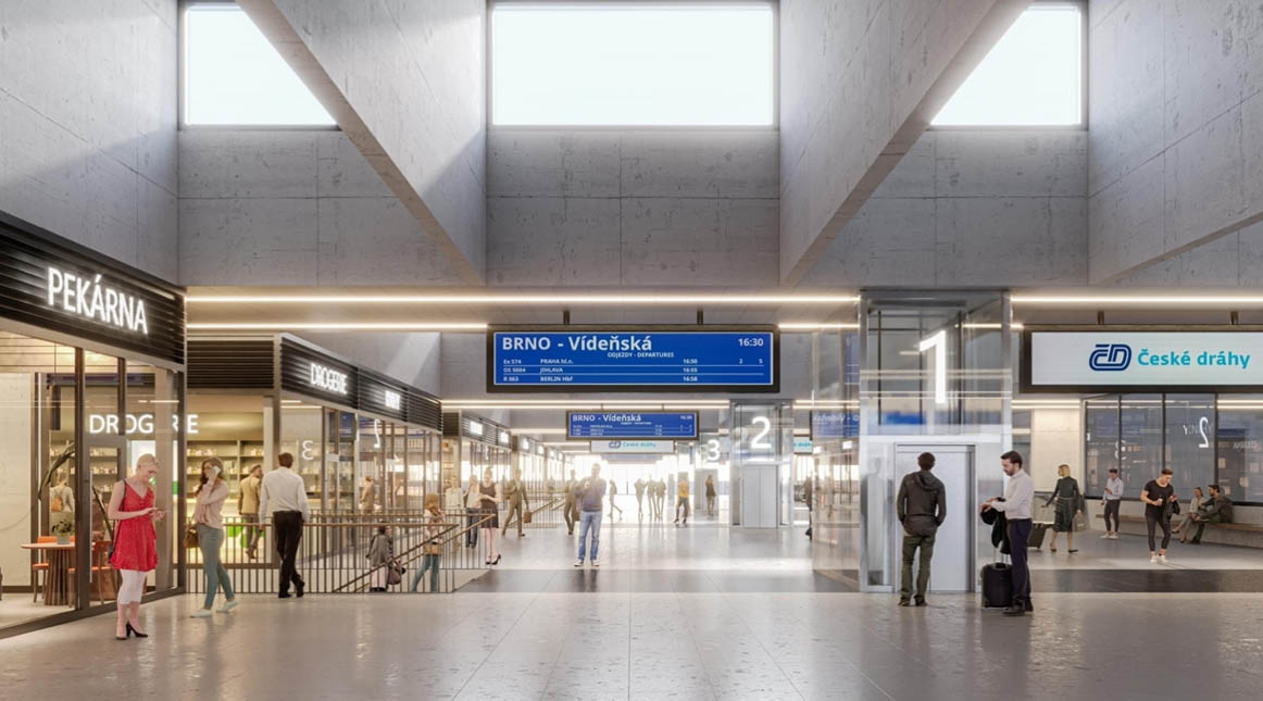 Vizualizace předběžného návrhu odbavovací haly zastávky Brno-Vídeňská, 2024